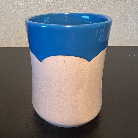 Michigan Lighthouse Embossed Souvenir Pottery Mug ~ Unglazed & Glossy Blue Glaze - Picture 3 of 8